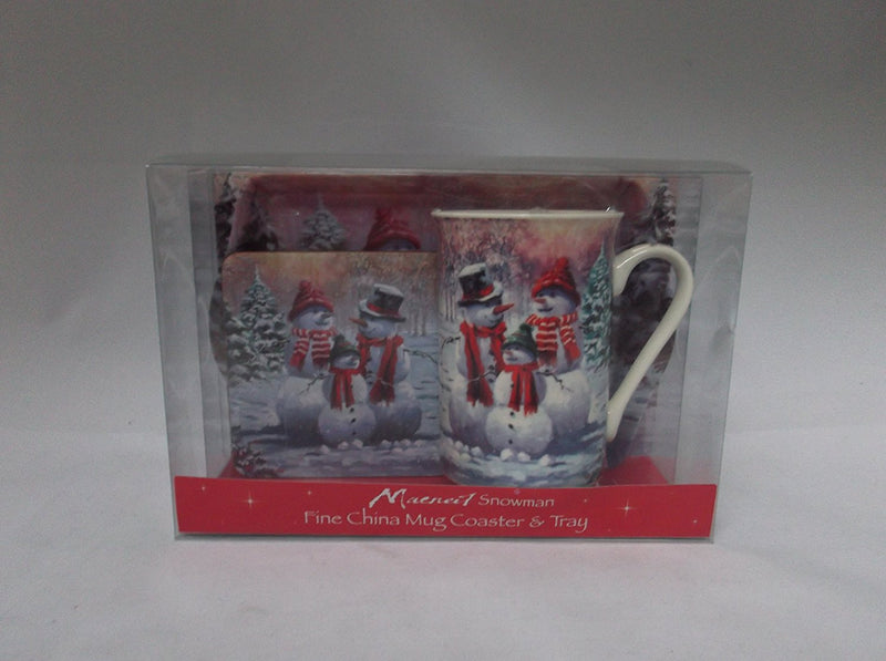 Christmas Snowman fine bone china set includes - mug coaster & tray - hanrattycraftsgifts.co.uk