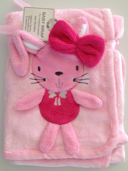 Beautiful Very Soft Baby/Child Small Rabbit Applique 3D Pink Blanket 75 x 100 cm - hanrattycraftsgifts.co.uk