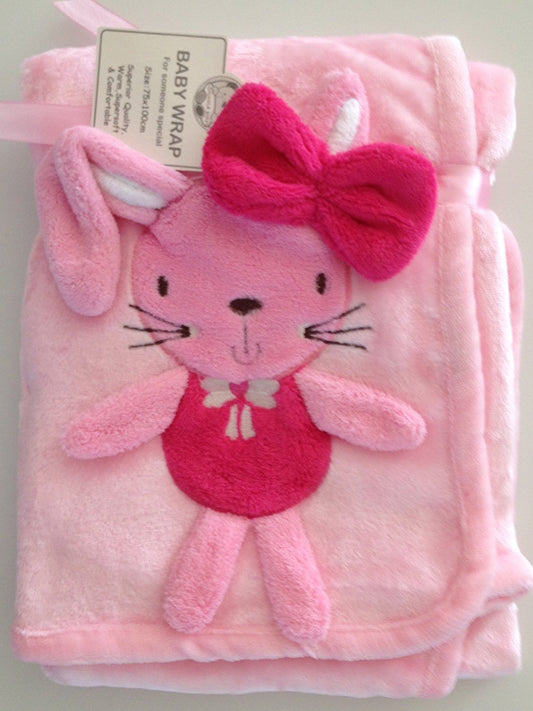 Beautiful Very Soft Baby/Child Small Rabbit Applique 3D Pink Blanket 75 x 100 cm - hanrattycraftsgifts.co.uk