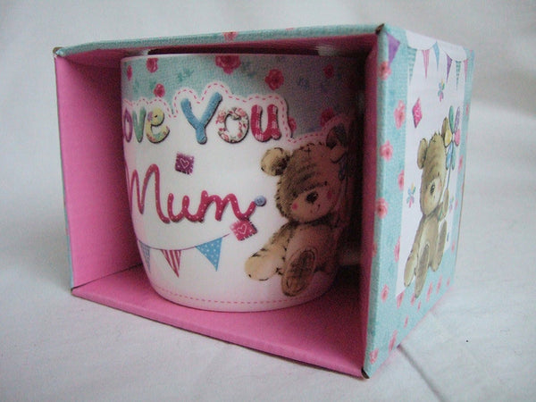 "Love You Mum" Multi Coloured Cute Teddy Bear Sentimental Mug - hanrattycraftsgifts.co.uk