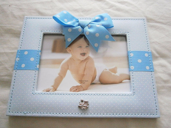 Blue and White Polka Dot and Ribbon Baby Boy 5"x7" Photo Frame - hanrattycraftsgifts.co.uk