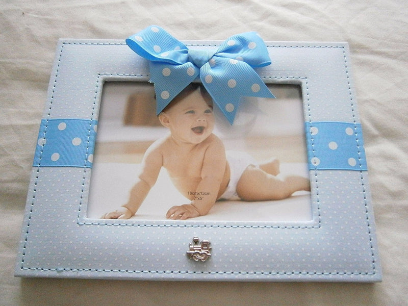 Blue and White Polka Dot and Ribbon Baby Boy 5"x7" Photo Frame - hanrattycraftsgifts.co.uk