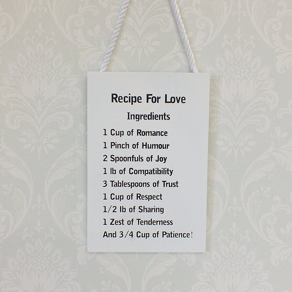 Recipe For Love Ingredients Plaque With Rope Hanger - hanrattycraftsgifts.co.uk