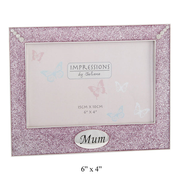 Impressions Silver Plated Photo Frame Pink Glitter & Diamante Mum 6"x4" - hanrattycraftsgifts.co.uk