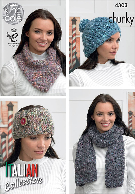 King Cole Ladies Scarf Neckerchief, Hat, and Headband in Verona King Cole Chunky