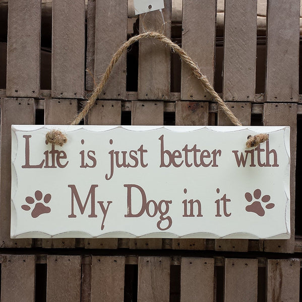 Rectangular Shabby Chic White Wooden Wall Plaque / Sign on rope - for cat, dog, pet lovers - hanrattycraftsgifts.co.uk