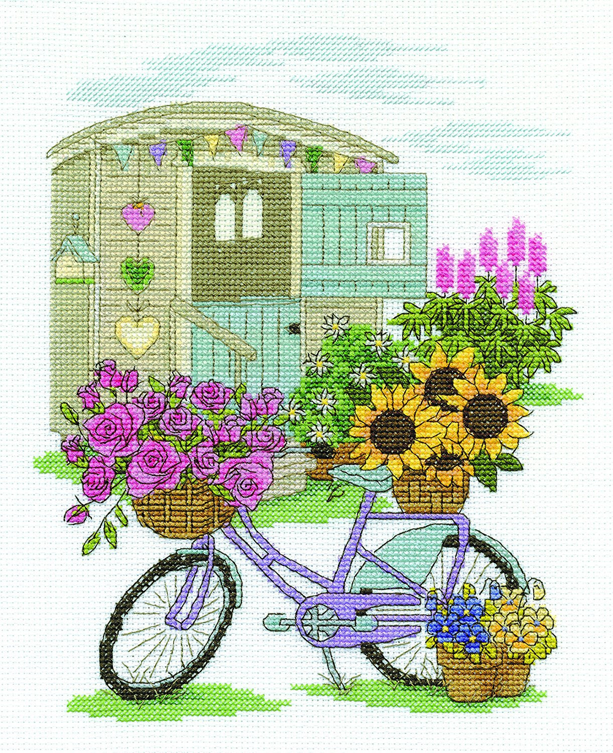 DMC "Flowery Bicycle" 14 Count Cross Stitch Kit, Pack of 1, Multi Colour - hanrattycraftsgifts.co.uk