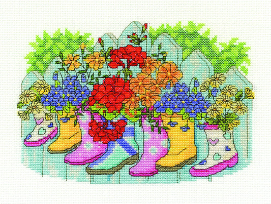 DMC "Blossoming Wellies" 14 Count Cross Stitch Kit, Multi-Colour - hanrattycraftsgifts.co.uk