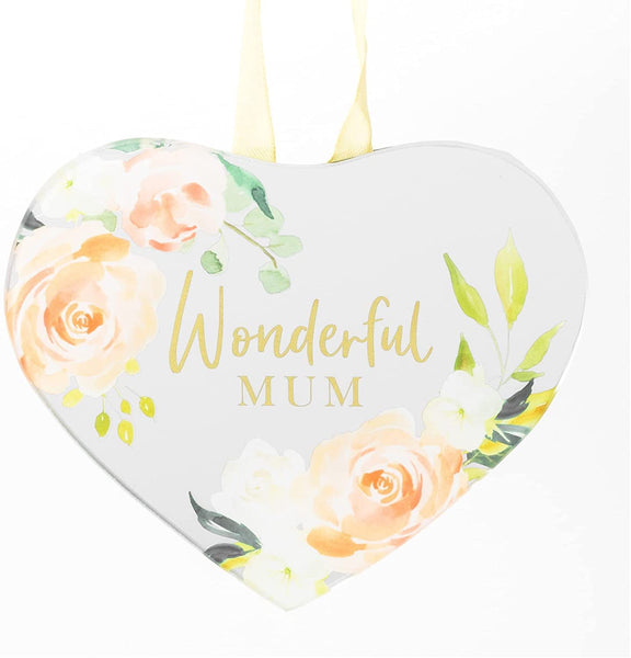 Floral Mirror Glass Hanging 'Heart' Plaque Gift - Wonderful Mum
