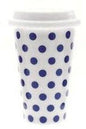 Cascade White with Blue Spots Polka Dot Insulated Travel Mug with Silicon Lid